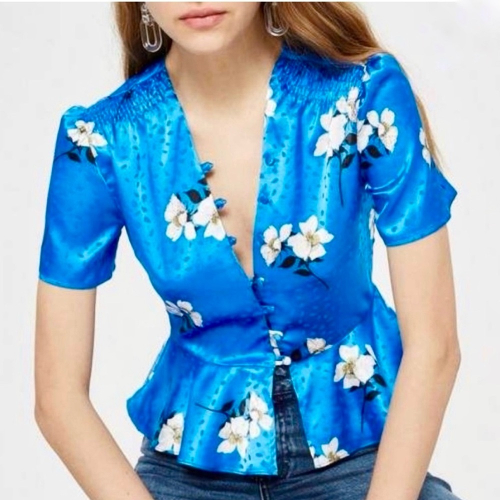 Topshop Vibrant Blue Floral Satin Blouse